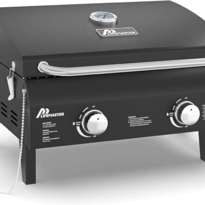 Black Portable Gas Grill, Dual 10,000 BTU Burners, 275 Sq.In Cooking Space, Push-to-Start Ignition, Wind-Proof Lid with Built-in Thermometer, Perfect for Camping Tailgates & Backyard BBQ Cookouts