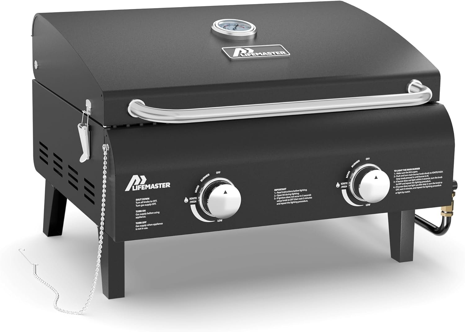 Black Portable Gas Grill, Dual 10,000 BTU Burners, 275 Sq.In Cooking Space, Push-to-Start Ignition, Wind-Proof Lid with Built-in Thermometer, Perfect for Camping Tailgates & Backyard BBQ Cookouts