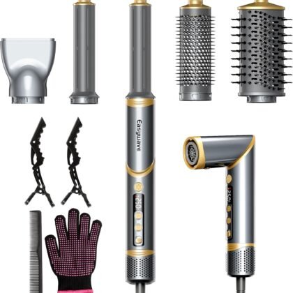 Easywave 5 in 1 Multi Hair Styler Dryer Brush: 110,000 RPM High-Speed, Flexible Air Styling & Drying System, Professional Negative Ionic Hot Air Brush Set for Fast Drying, Curling Volumizing