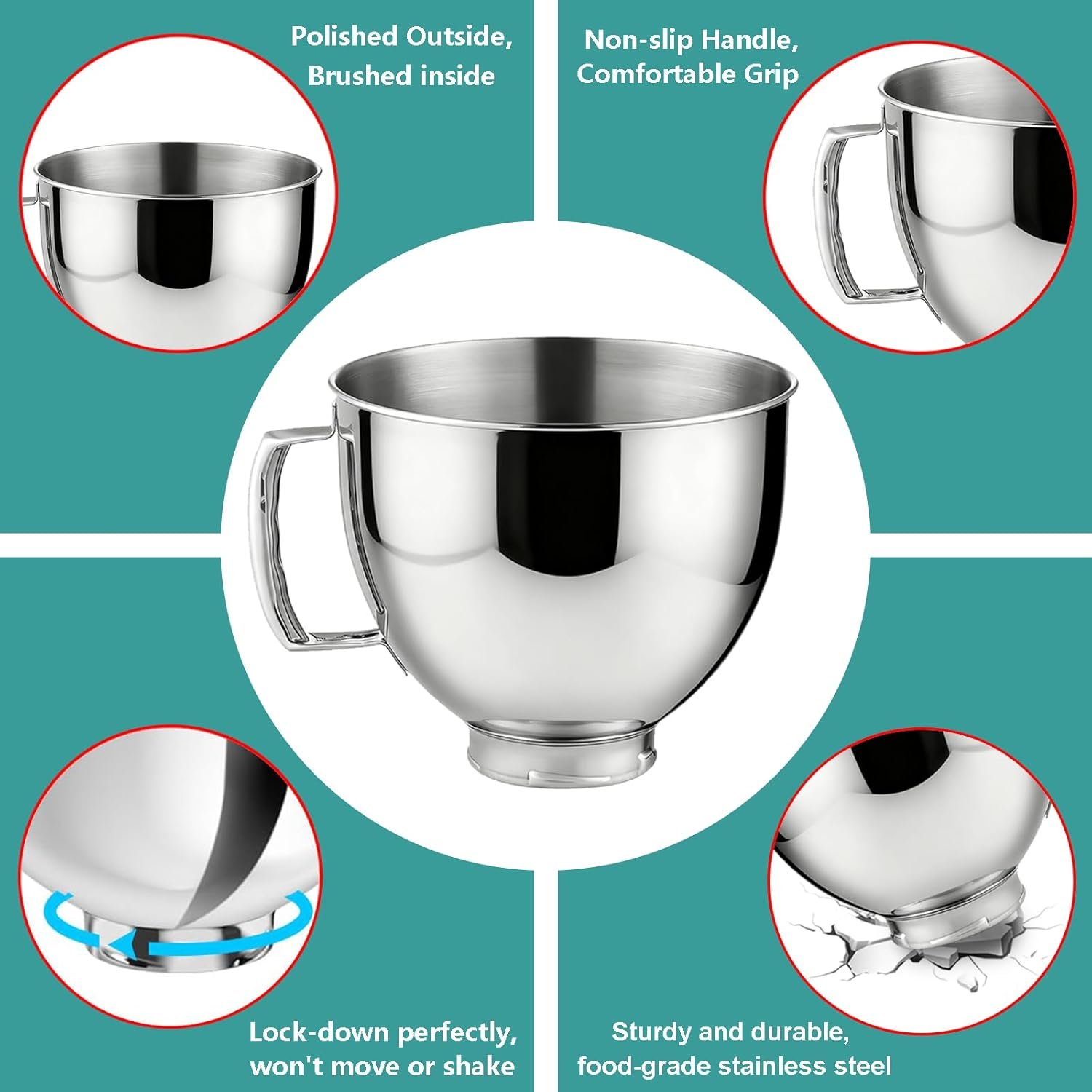5 QT Stand Mixer Bowls Fit for Kitchenaid Artisan & Classic Series 4.5-5 Quart Tilt Head Stand Mixers Stainless Steel Mixing Bowls with Handle Stand Mixer Replacement/Accessories Bowls Polished - Image 8