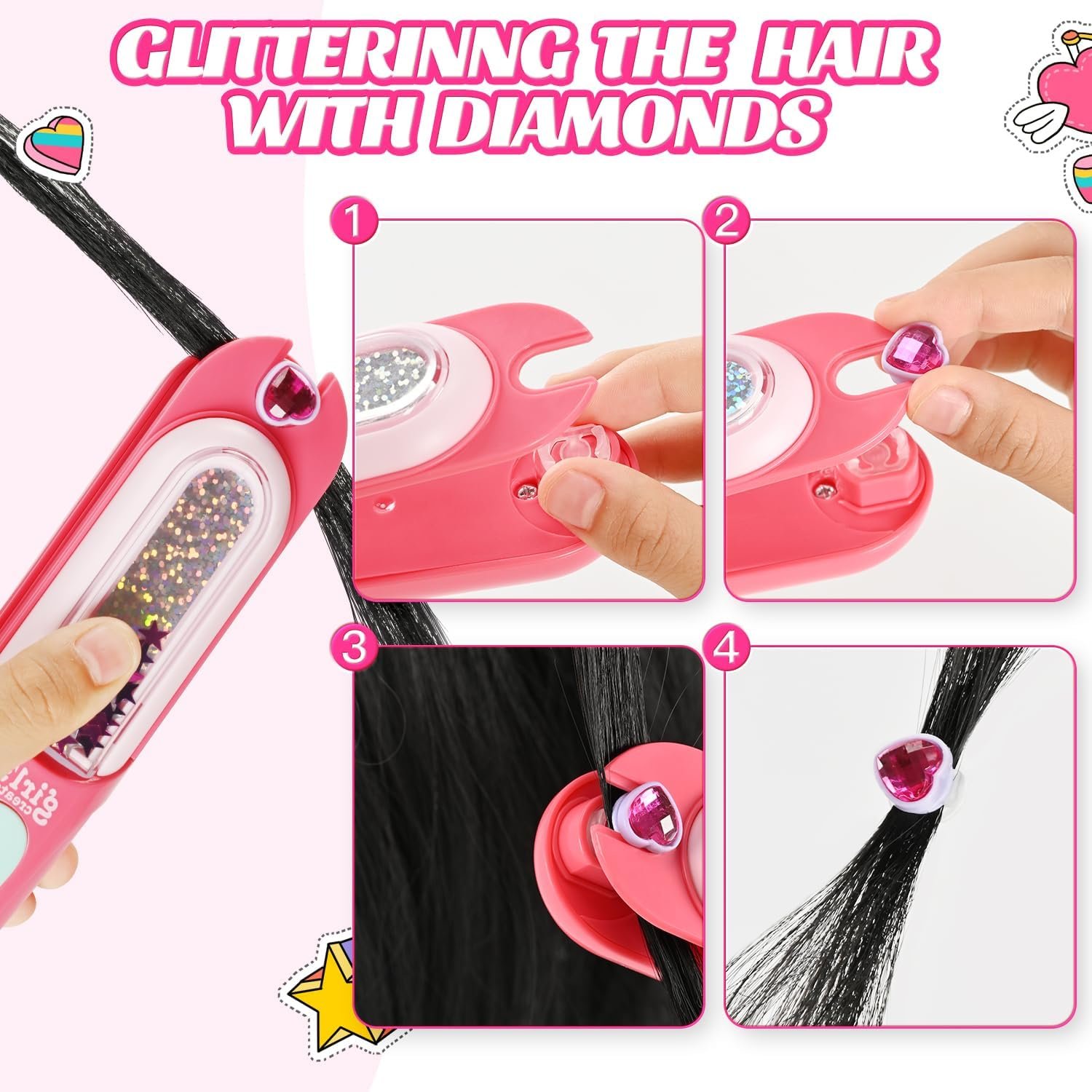 Hair Gem Stamper Kit, Bling Hair Jewels for Girls Toys, Hair Styling Tool with Reusable Shining Diamonds, Birthday Gifts Toys for Girls Ages 3 4 5 6 8-12 - Image 4