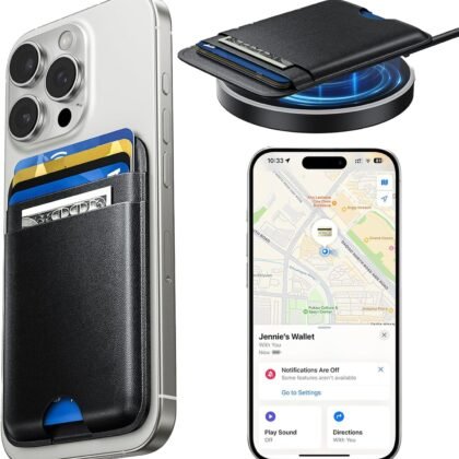 MagSafe Wallet with Full Find My Slim RFID-Blocking Vegan Leather Phone Wallet Portable Dual-Pocket 5 Cards Holder Strong Magnetic for iPhone 12–16 Series Not for 13/12 Mini (Black)