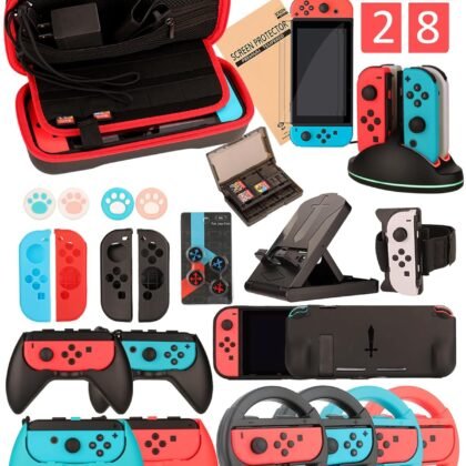 Switch Accessories - Family Bundle Accessories for Nintendo Switch, Carry Case& Screen Protector,4 Pack Joy Con Grips and Steering Wheels, Case Cover,Stand Mount,Joy Con Charger and More