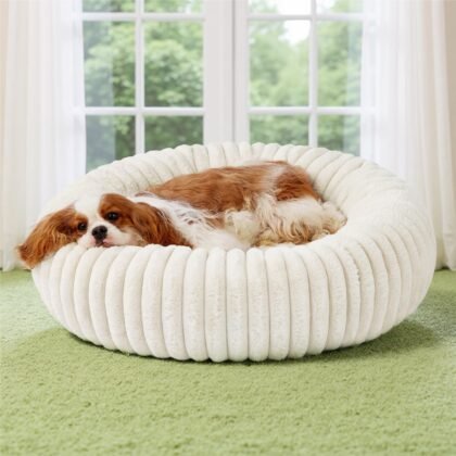Bedsure Donut Medium Dog Bed - Washable Faux Fur with Corduroy Fleece & Anti Slip Bottom, Round Pet Bed with Removable Cover, Cream, 30x30x8 inches