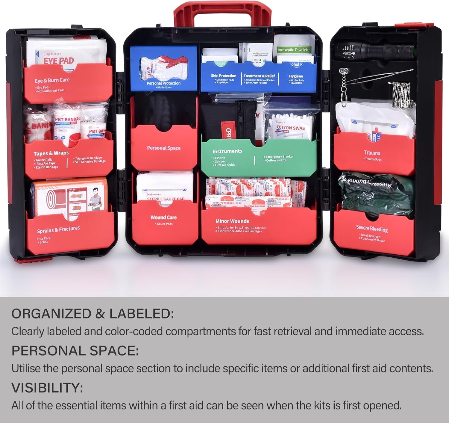 Hard Case First Aid Kit 408 Pcs - Wall Mountable Trauma Kit for Car, Home, Office & Truck - Comprehensive Large First Aid Supplies with Color-Coded Labelled Compartments - Image 6