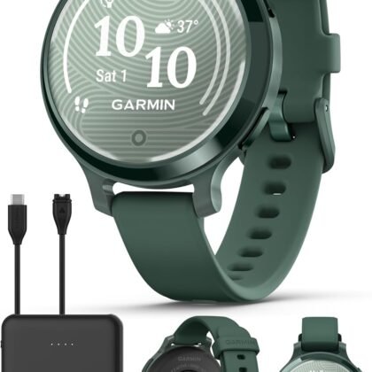 PlayBetter Garmin Lily 2 Active (Jasper Green) Women's Fitness Smartwatch Bundle - Bright Touchscreen Display, Built-in GPS, All-Day Health Monitoring, 9 Days Battery Portable Charger