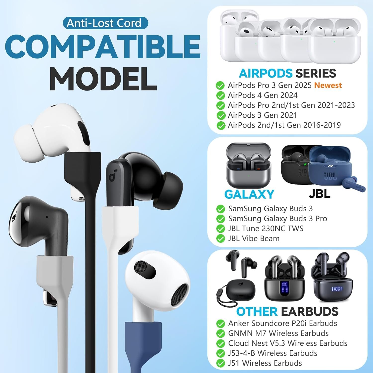 5 Pack Ultra Strong Magnetic AirPods Pro Straps, Anti-Lost Neck Cord for AirPods Pro 3 2025,AirPods 4th, AirPods Pro 2nd/1st, AirPod 3rd, AirPod 2nd/1st - 5 Pcs Silicone Sports Lanyard and 2 Ear Hook - Image 2