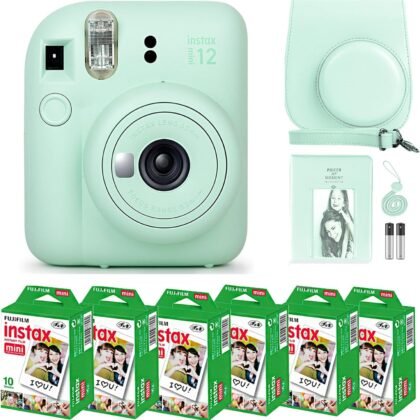 Fujifilm Instax Mini 12 Instant Camera Mint Green and Fuji Film Value Pack (60 Sheets) Bundle with Sturdy Tiger Accessories, Carrying Case, Photo Album 64 Pockets