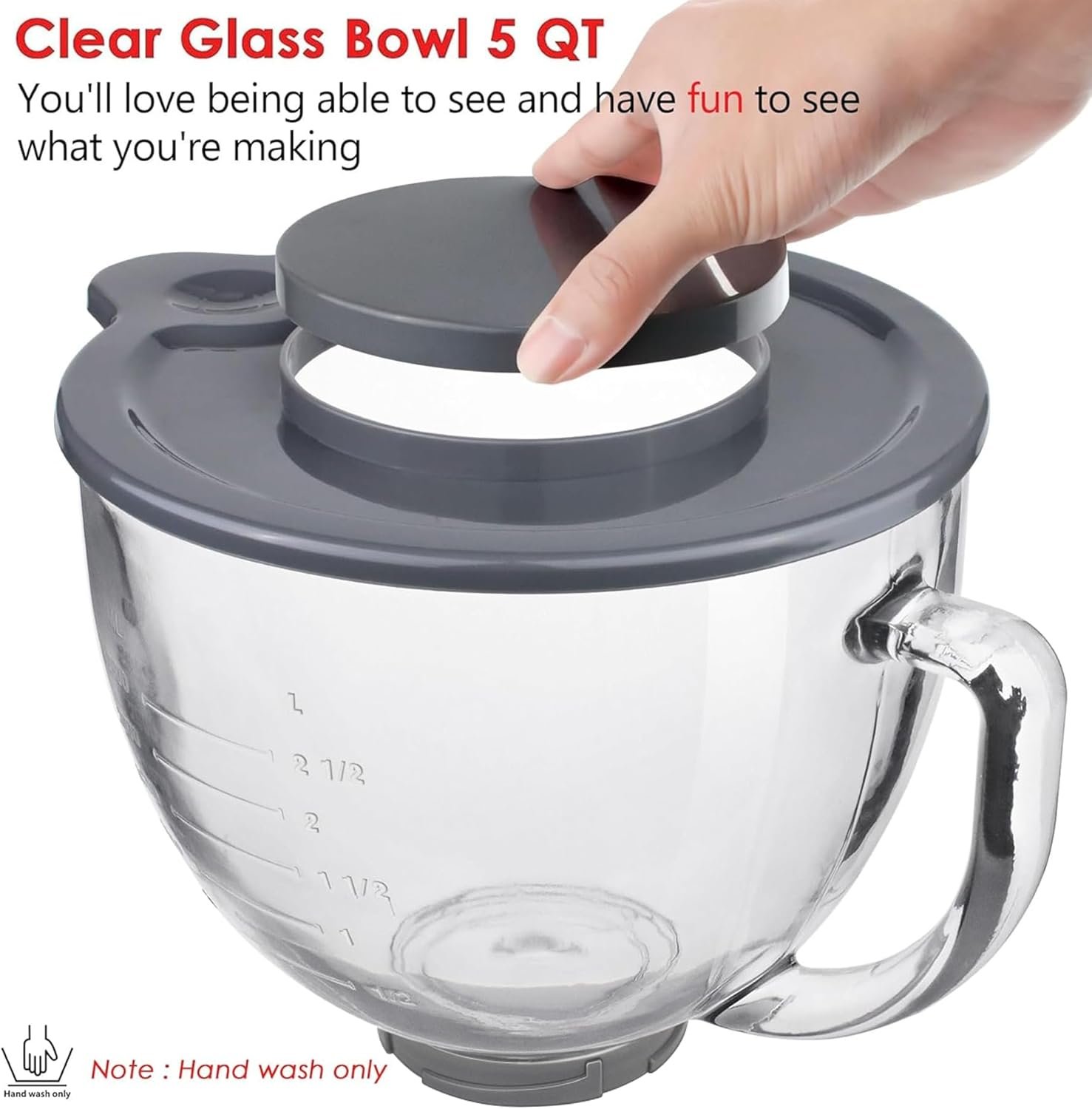Glass Mixing Bowl Accessory 5 Quart - Compatible with KitchenAid 4.5 and 5 Quart Tilt-Head Stand Mixers (With Lid & Lock Ring) - Image 2