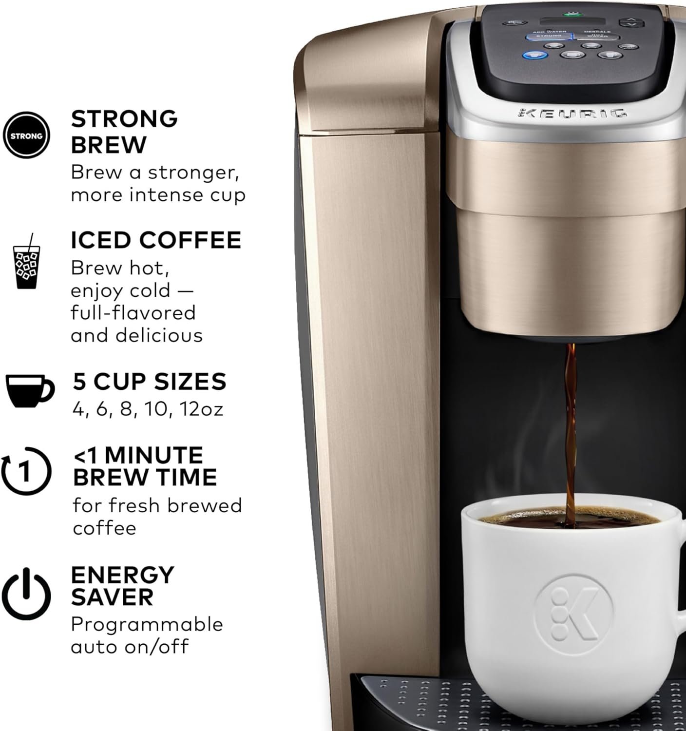 Keurig K-Elite Single Serve K-Cup Pod Coffee Maker, with Strength and Temperature Control, Iced Coffee Capability, 8 to 12oz Brew Size, Programmable, Brushed Gold - Image 2