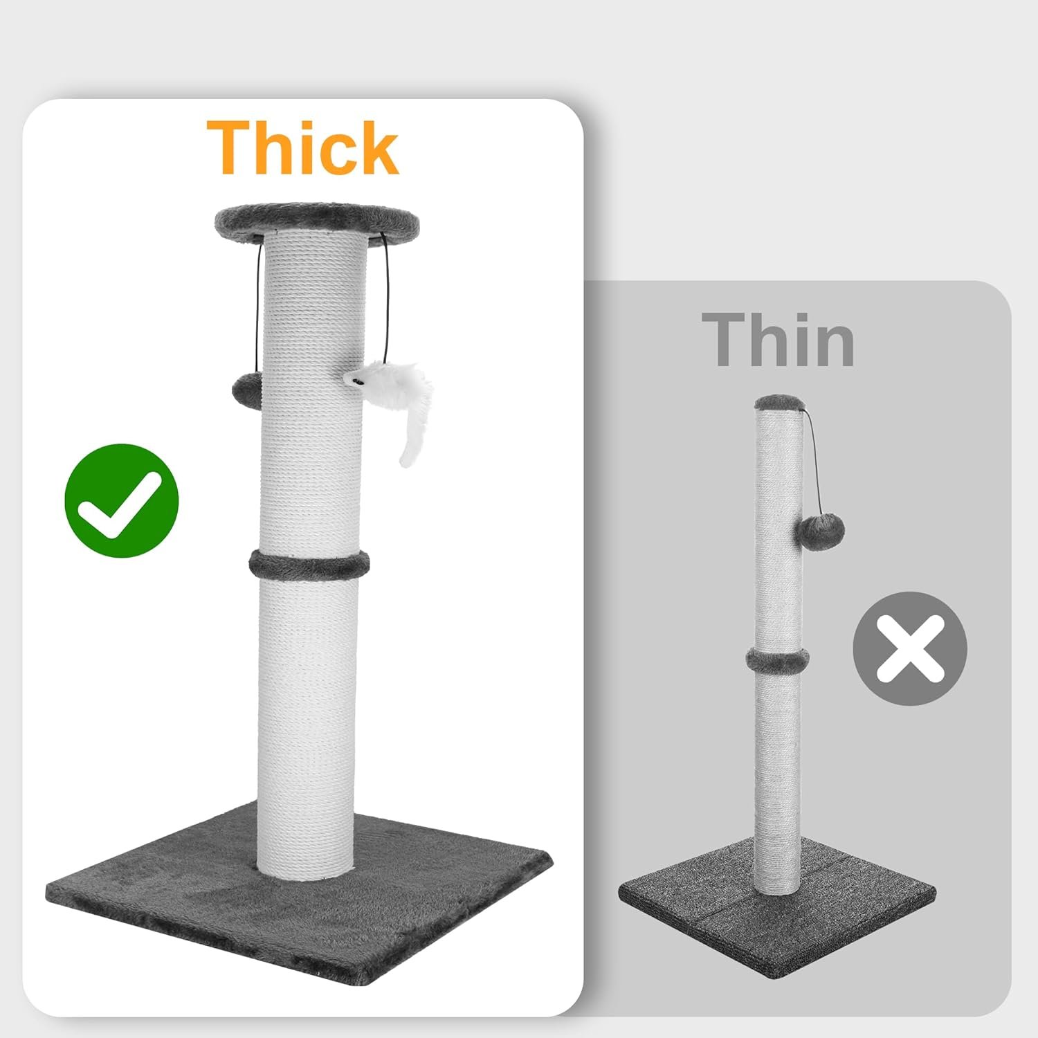 Cat Scratching Post 34 Inches Heavy Duty and Thicker Cat Scratching Post Sisal Rope with Hanging Ball and Mice Scratching Post for Indoor Cats and Adult(Grey) - Image 4