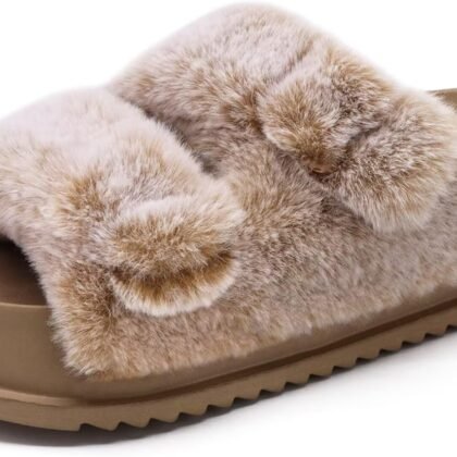 KuaiLu Women's Fluff Slippers Plantar Fasciitis Arch Support Platform Slippers Ladies Fashion Open Toe Faux Fur Sliders Womens House Slipper Size 6-12