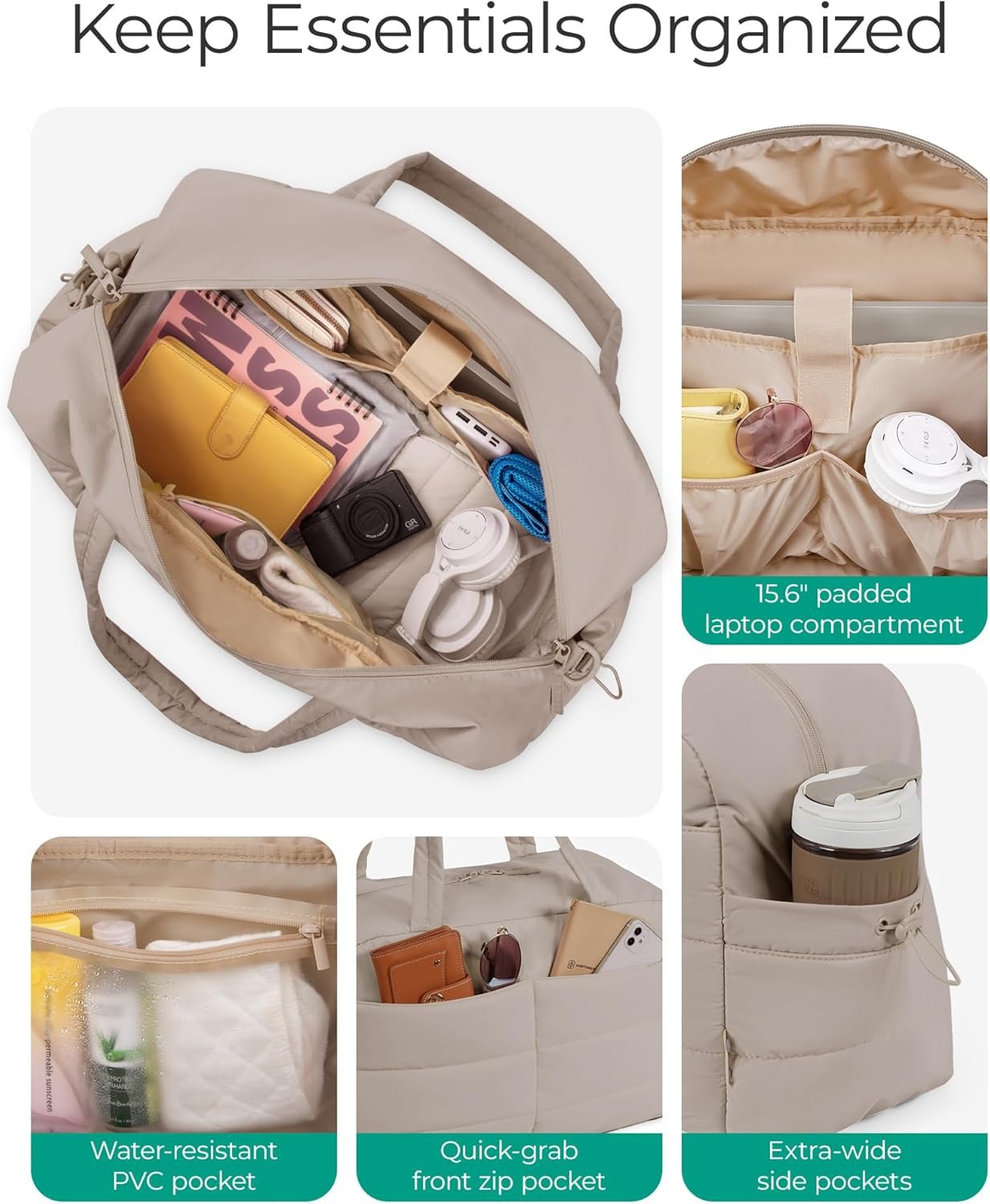 BAGSMART Gym Bag for Women, Lightweight Puffer Duffle Bag 2-PC Travel Bag, 31L Weekender Overnight Bag Quilted Carry On Tote Bag, Diaper Hospital Dance bag for Travel, Gym, Water Resistant, Camel - Image 3