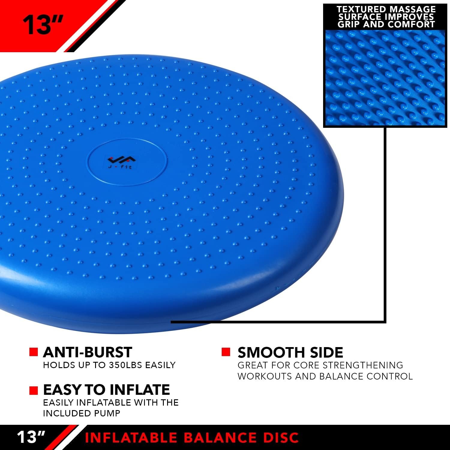 JFIT Inflatable Balance and Stability Disc - Large Yoga Wobble Cushion Trainer with Pump - Core Fitness and Workout Equipment Discs for Home - Office Chair, Ankle Strength Training and Dog or Pet Activity, Blue, 13-Inch - Image 4