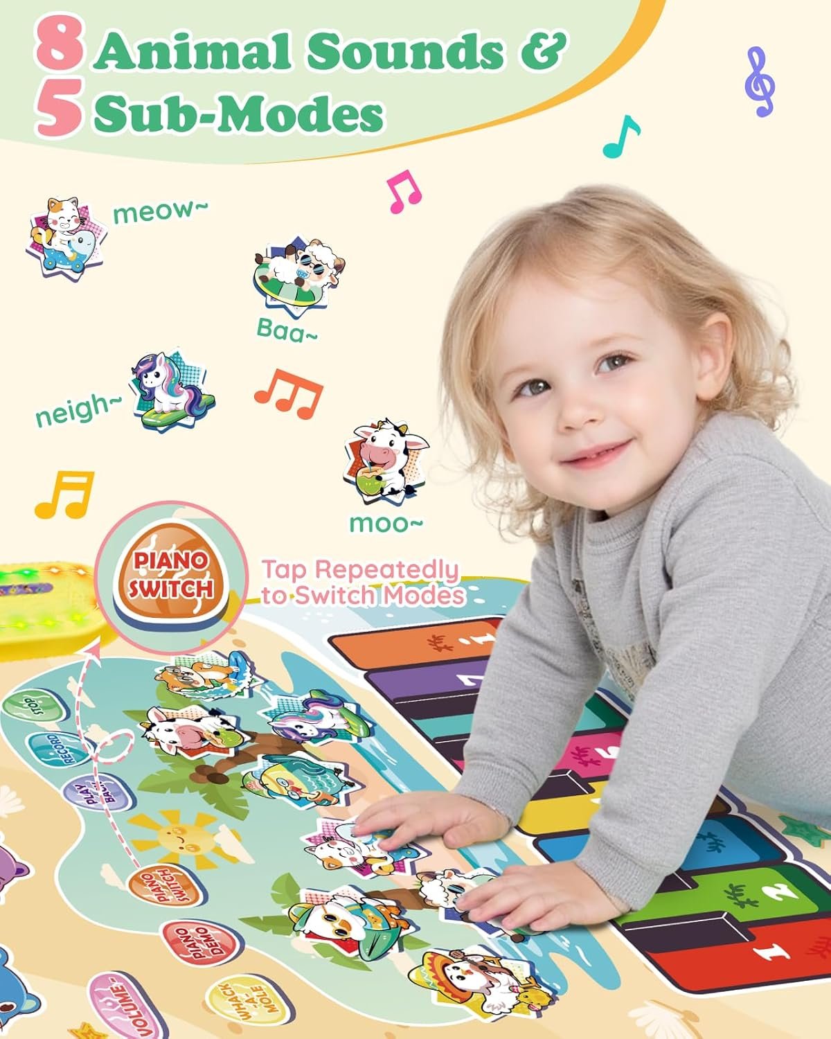 3-in-1 Musical Mat Toys for Toddlers, Led Light Up Mole Bashing & Piano Keyboard & Animal Sounds with 2 Drum Sticks,Early Educational Musical Learning Toys, Birthday Gifts for 3+ Boys & Girls - Image 4