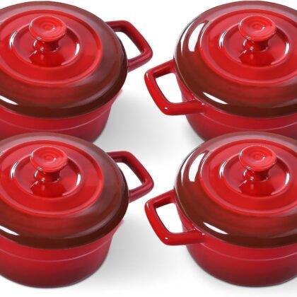 Lareina Mini Cocotte - 12oz Ceramic Casserole Dishes - Kitchen Casserole Sets With Handles And Lid - Small Baking Ramekins - Oven, Microwave & Dishwasher Safe - Set of 4 - Red
