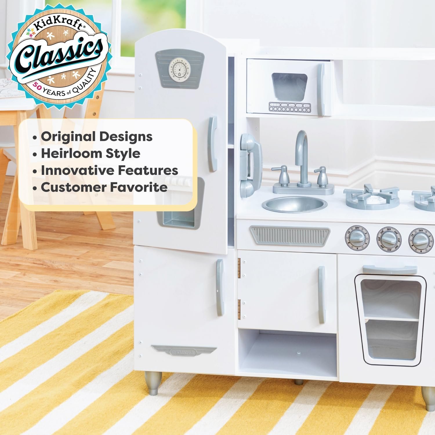 KidKraft Vintage Wooden Play Kitchen with Pretend Ice Maker and Play Phone, White - Image 2