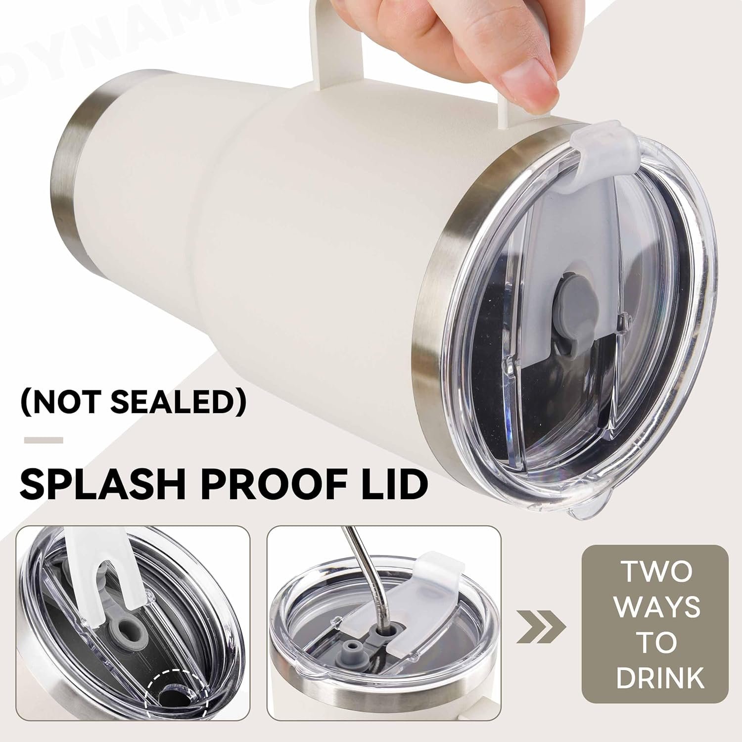 30 oz Tumbler With Handle, Double Wall Stainless Steel Vacuum Insulated Travel Mug with Splash-Proof Lid Metal Straw and Brush (Cream) - Image 3