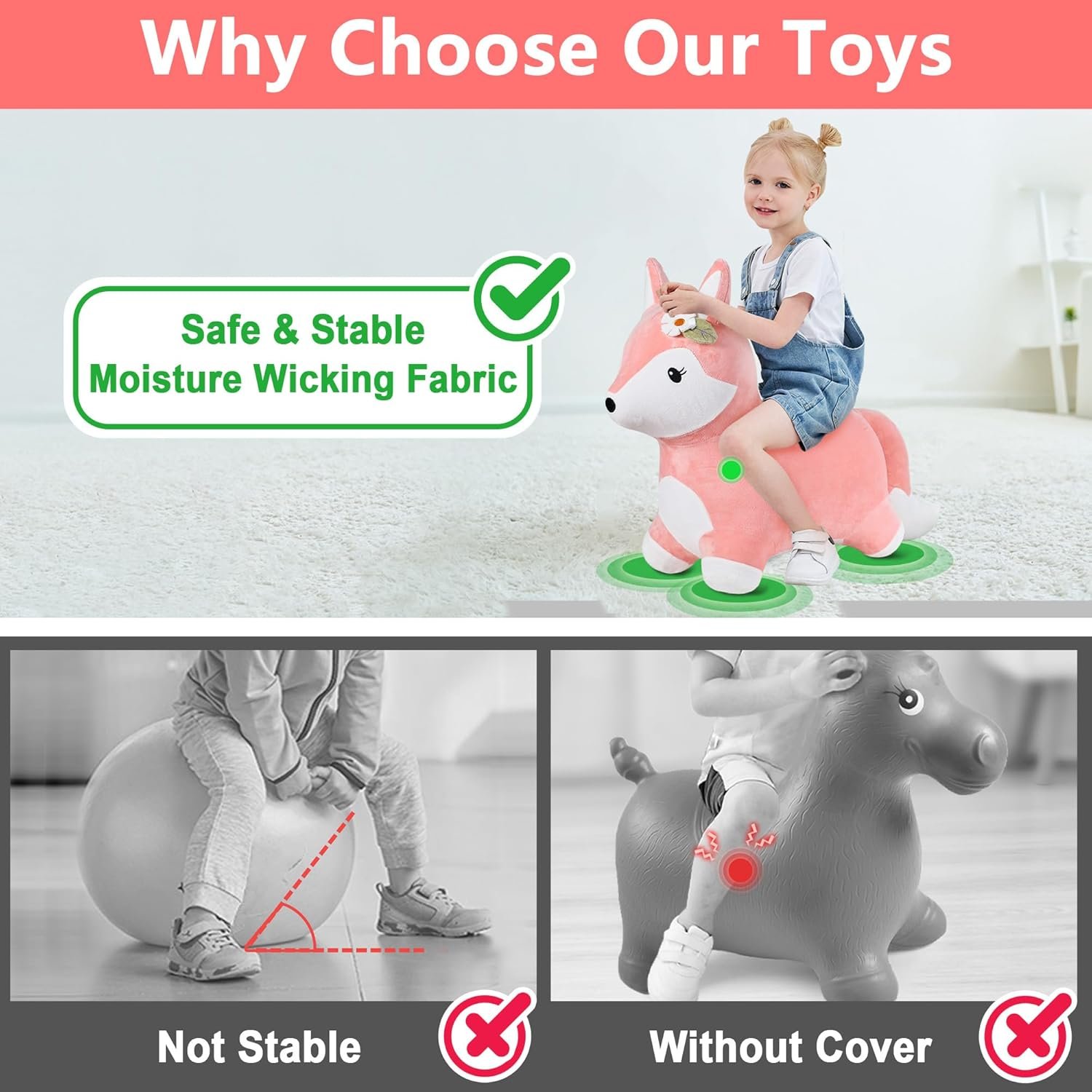 iPlay, iLearn Bouncy Pals Hopping Fox Horse, Toddler Girl Inflatable Bouncing Animal Hopper Toy, Outdoor Indoor Plush Ride on Bouncer, Baby Birthday Gift 18 Month 2 3 4 Year Old Kid - Fox - Image 3