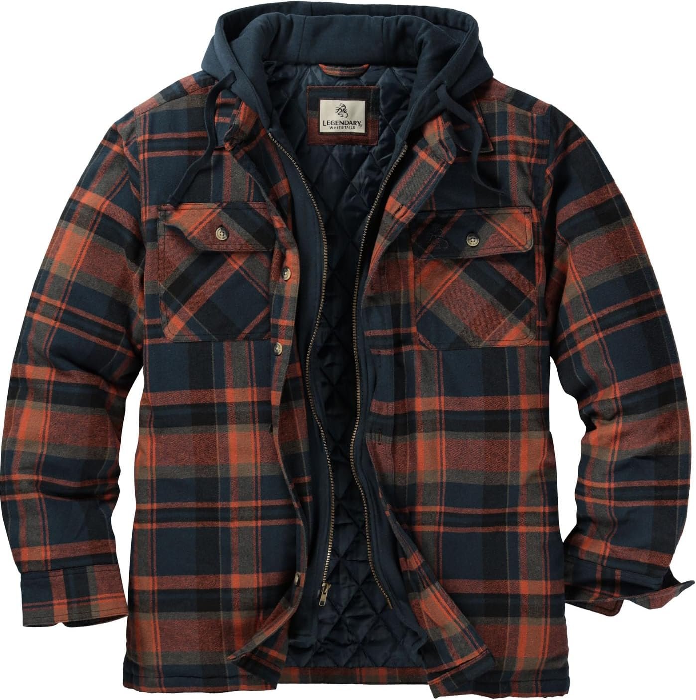 Legendary Whitetails Men's Plaid Flannel Shirt Jacket Quilted with Hood Polyfill Insulated