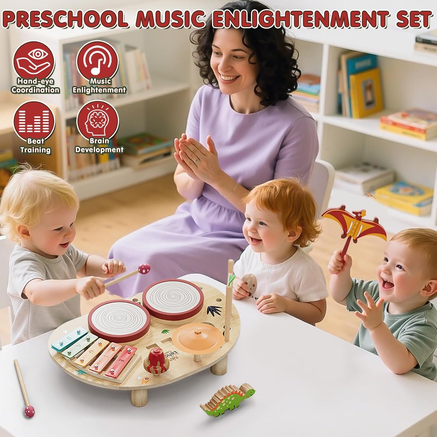 Lehoo Castle Baby Drum Set, Wooden Musical Instruments, Montessori Toys for Toddlers 1-3, Percussion Set with Xylophone Maracas Egg Shaker Drum Sticks, Preschool Christmas Birthday Gift - Image 3
