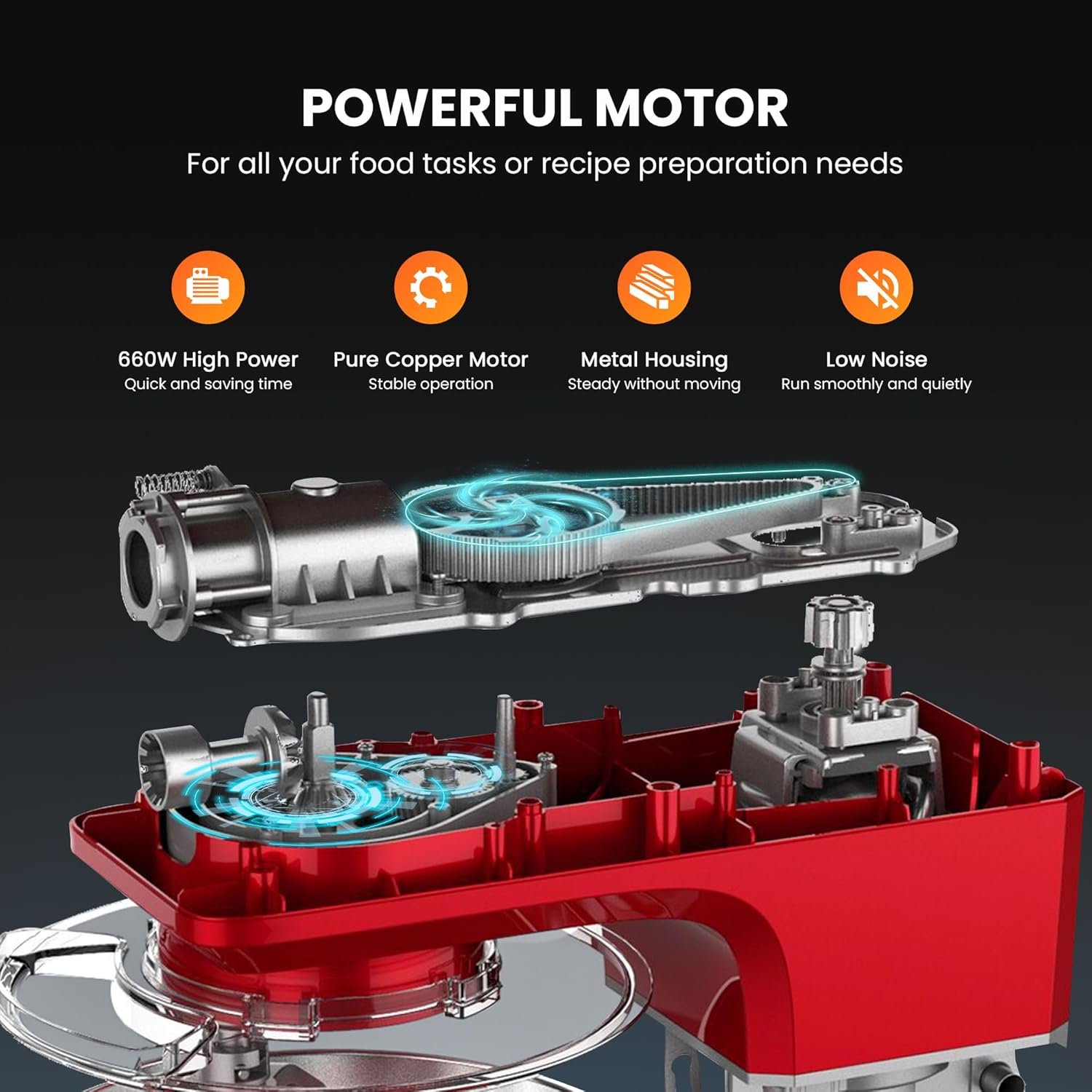 VIVOHOME 7.5 Quart Stand Mixer, 660W 6-Speed Tilt-Head Kitchen Electric Food Mixer with Beater, Dough Hook, Wire Whip, and Egg Separator, Red - Image 6