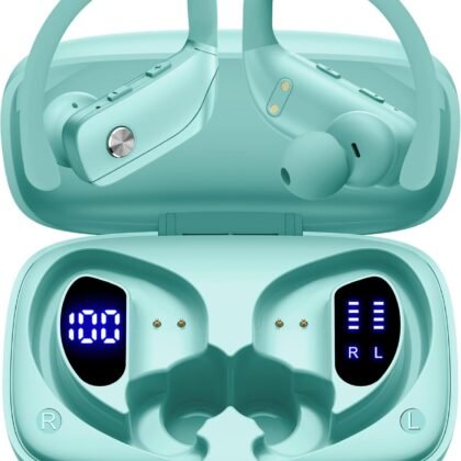 bmani Ear Buds Wireless Earbuds Bluetooth Headphones with 80H Playtime LED Display Case, Over-Ear Hook with Mic, Stereo Sound, Easy Button Controls, Sports Earphones for Running Workout Gym Mint Green