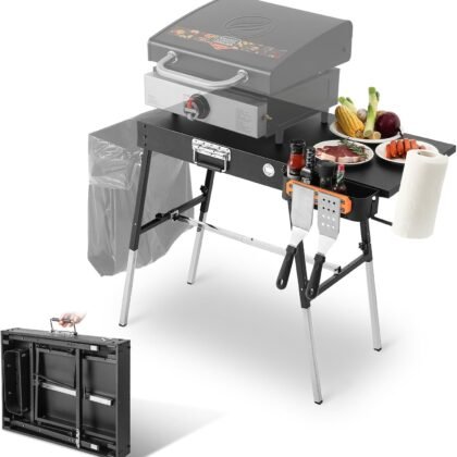 Outdoor Grill Table Blackstone Griddle Stand 17" & 22", Folding Camping Table with Side Shelf and Caddy, Ninja Grill Stand& Pizza Oven Table for Tailgating, Blackstone Griddle Accessories