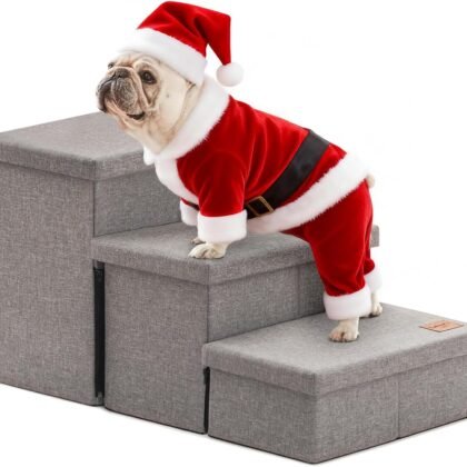 Love's cabin Dog Stairs for High Bed 18"H,Foldable Pet Stairs for Small Medium or Large Dogs Puppy with Storage for Bed or Couch, Cat Dog Steps Ramp with Zip up to 200 lbs(Solid Grey,3 Steps no Condo)