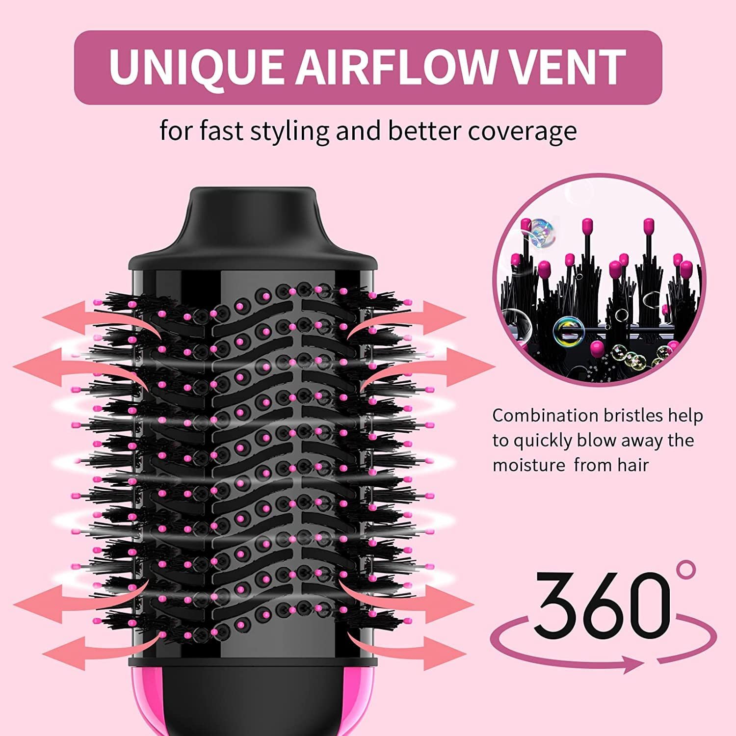 Hair Dryer Brush, 4 in 1 One Step Hair Dryer and Styler Volumizer, Professional Hot Air Brush with Negative Ion Anti-frizz Blowout for Drying, Straightening, Salon, Black Pink - Image 4
