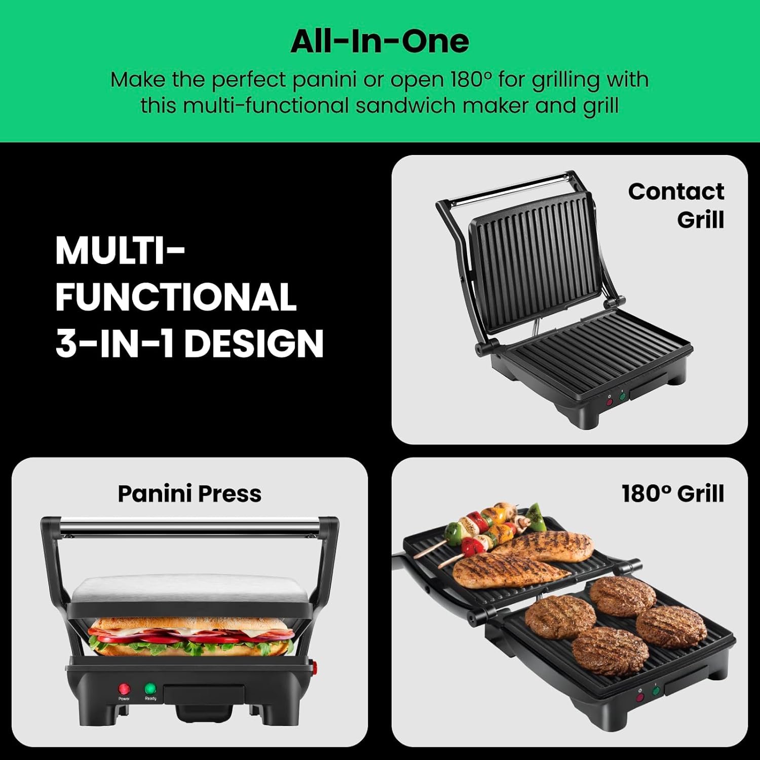 Chefman Panini Press Grill and Gourmet Sandwich Maker Non-Stick Coated Plates, Opens 180 Degrees to Fit Any Type or Size of Food, Stainless Steel Surface and Removable Drip Tray, 4 Slice, Black - Image 3