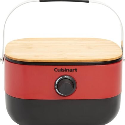 Cuisinart Venture™ Portable Gas Grill, Small Camping Grill with Cutting Board and Handle, Non Stick Porcelain Enameled Cast Iron Grate, 9,000 BTU Stainless Steel Burner for Camping, Tailgates, Beaches
