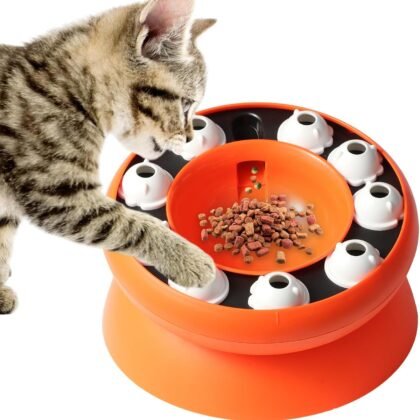 Cat Puzzle Feeder Slow Food Bowl – Interactive Slow Feeder Bowl for Indoor Cats, Treat Dispensing Enrichment Toy,Mental Stimulation and Boredom Relief (Orange)