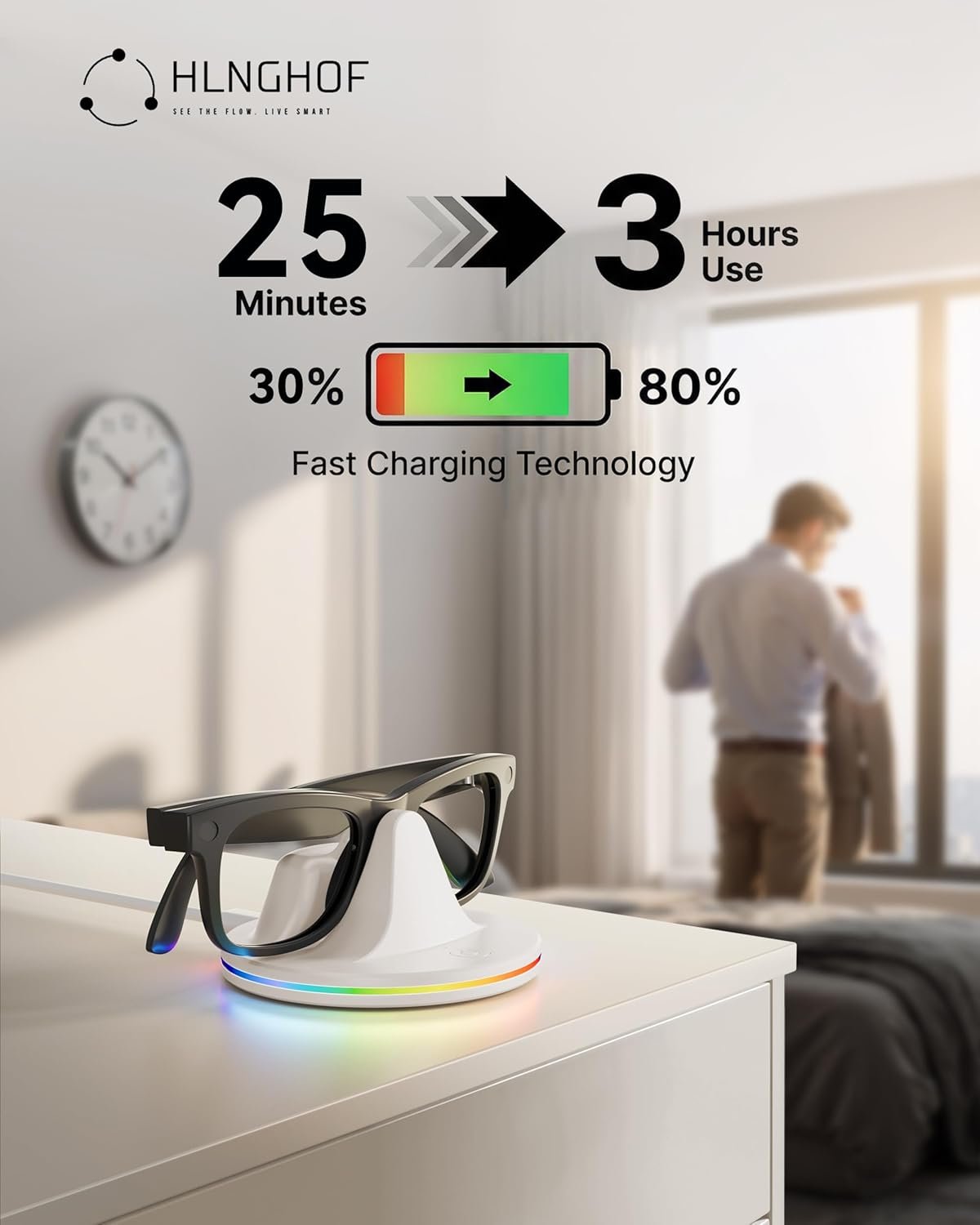 Charging Dock for Ray-Ban Meta Smart Glasses – RGB Desktop Charger Stand Compatible with Wayfarer Gen 2, Skyler, Headliner & Oakley HSTN, Type-C Input, LED Indicator Light, 1h Fast Charge, ABS (White) - Image 3