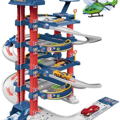 City Ultimate Garage Track Set with Electric Elevator, Upgrade 5 Levels Toy Car Garage with 5 Die-Cast Toy Cars & 1 Helicopter