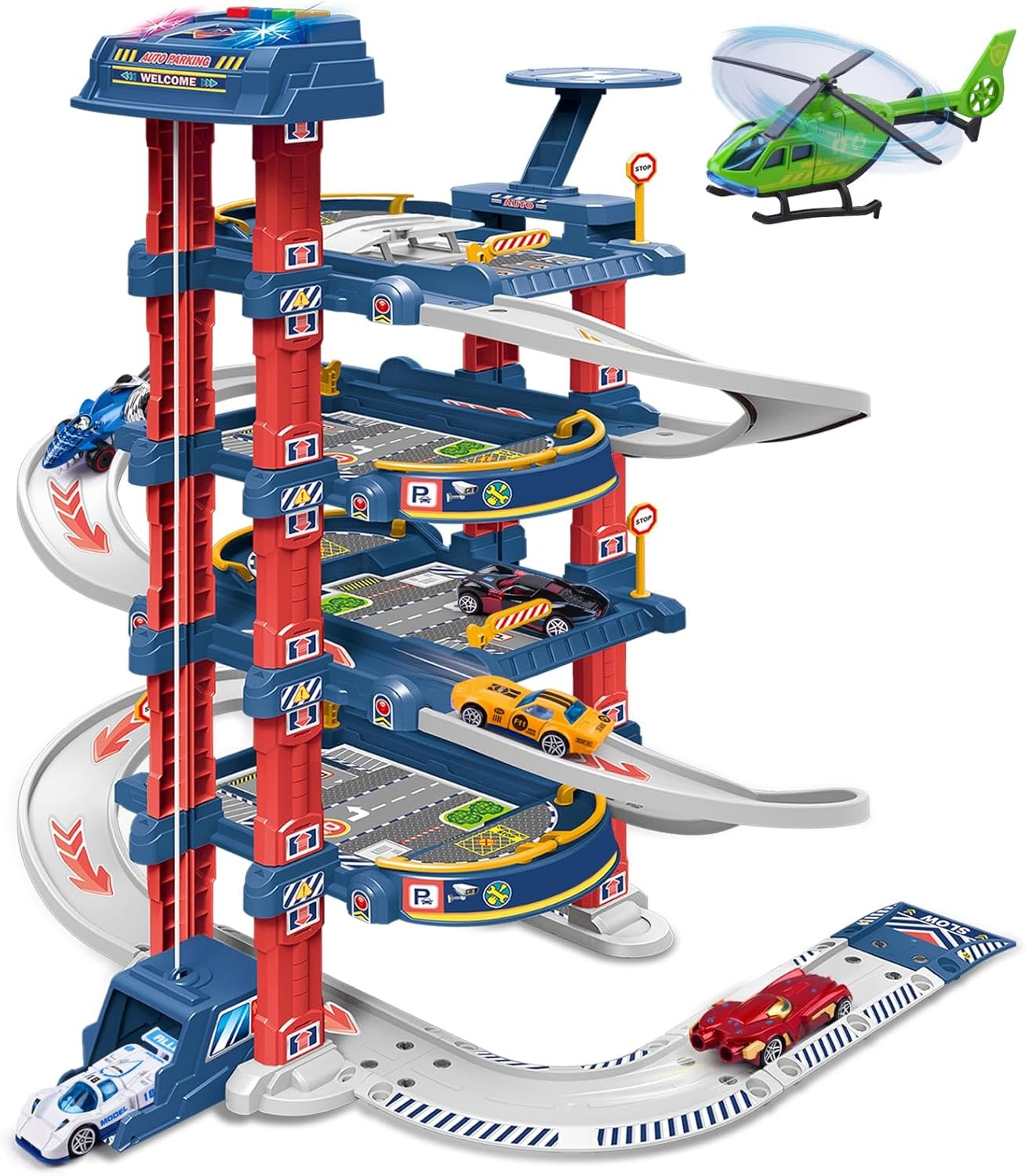City Ultimate Garage Track Set with Electric Elevator, Upgrade 5 Levels Toy Car Garage with 5 Die-Cast Toy Cars & 1 Helicopter