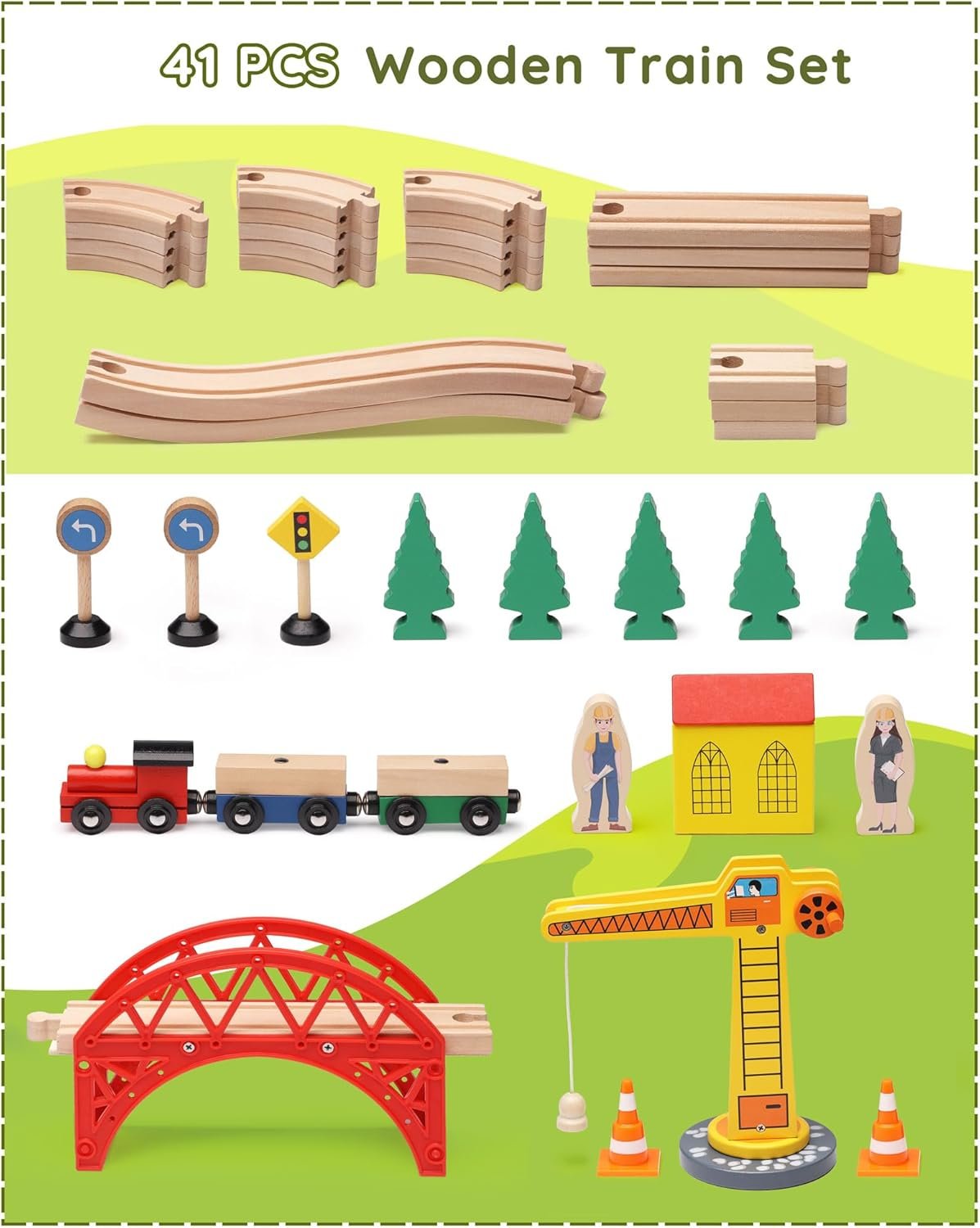 SainSmart Jr. Wooden Train Set for Toddler, 41pcs Wood Train Track w/Crane Fits Brio, Thomas, Melissa and Doug, Kids Wood Toy Train for Kids Ages 3+ - Image 2
