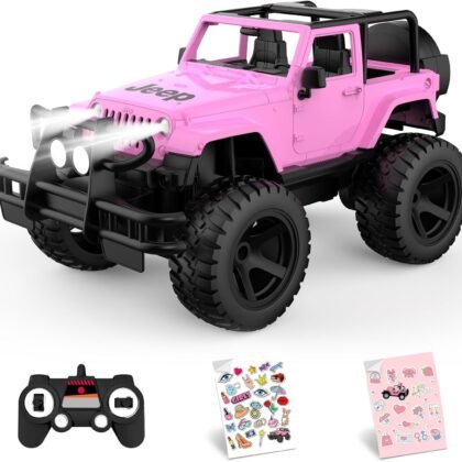 DOUBLE E Jeep Licensed 1:14 Scale Pink Remote Control Car for Girls with DIY Stickers, Open-top Design RC Jeep, 80 Min Play 2.4Ghz Off Road RC Trucks with LED Lights, Birthday/Xmas Gifts for Girls