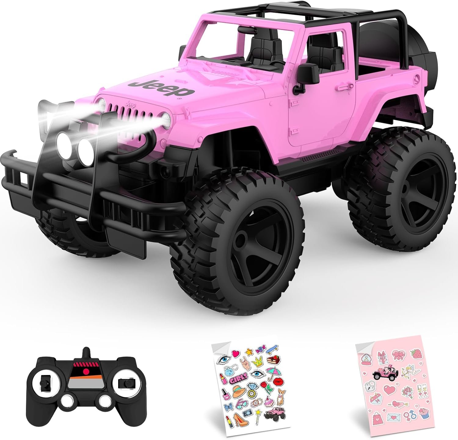 DOUBLE E Jeep Licensed 1:14 Scale Pink Remote Control Car for Girls with DIY Stickers, Open-top Design RC Jeep, 80 Min Play 2.4Ghz Off Road RC Trucks with LED Lights, Birthday/Xmas Gifts for Girls