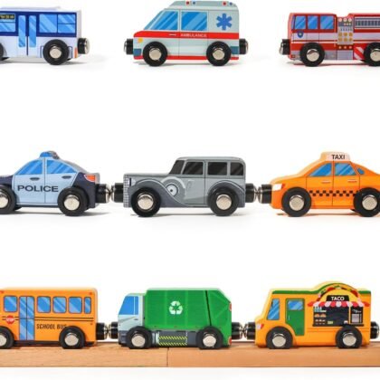 9 Piece Wooden Cars with Magnets - City Vehicles, Emergency Trucks, School Bus, Police, Fire, Ambulance, Taco Truck Toy - Community Helpers Play Set - Zany Trains