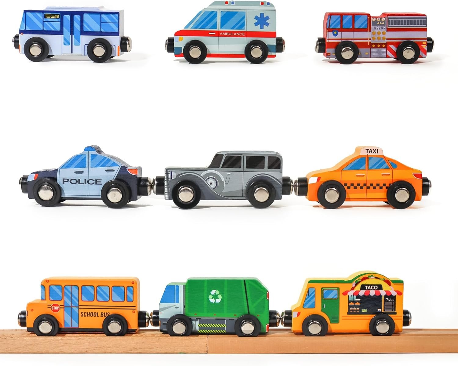 9 Piece Wooden Cars with Magnets - City Vehicles, Emergency Trucks, School Bus, Police, Fire, Ambulance, Taco Truck Toy - Community Helpers Play Set - Zany Trains