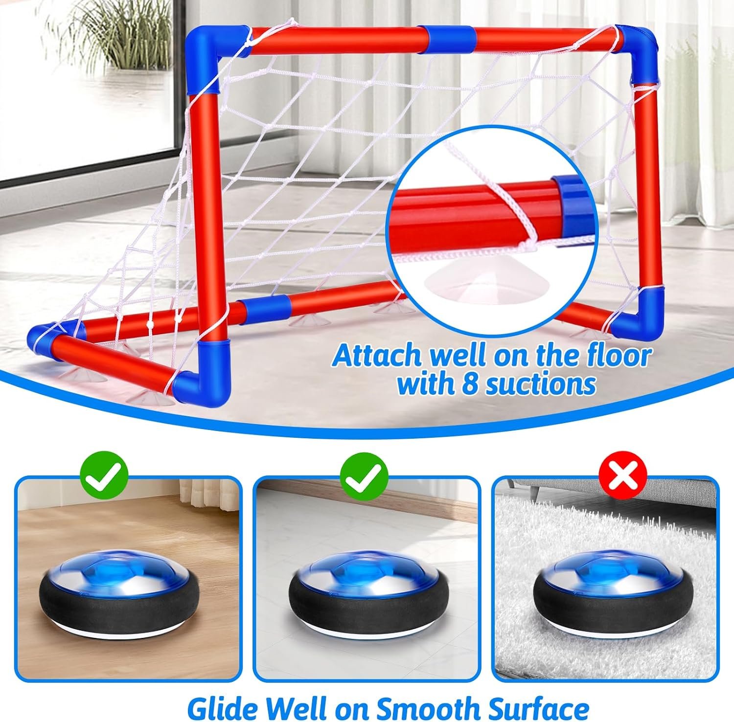 Qirptey 3 in 1 Hover Soccer Ball Toddler Hockey Set with LED Lights Indoor Toys for Kids Soccer Gift for Boys 6-8 8-12 Kids Sports Soccer Games 3 4 5 6 7 8 Year Old Boy Age 4-8 Birthday Gift - Image 3