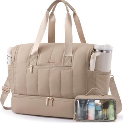 LOVEVOOK Travel Duffle Bag,Puffer Weekender Bags For Women with Shoe Compartment,42L Carry On Duffel Bags For Airplanes,Hospital Bag for Labor and Delivery,Overnight Bsg With Toiletry,2Pcs Set