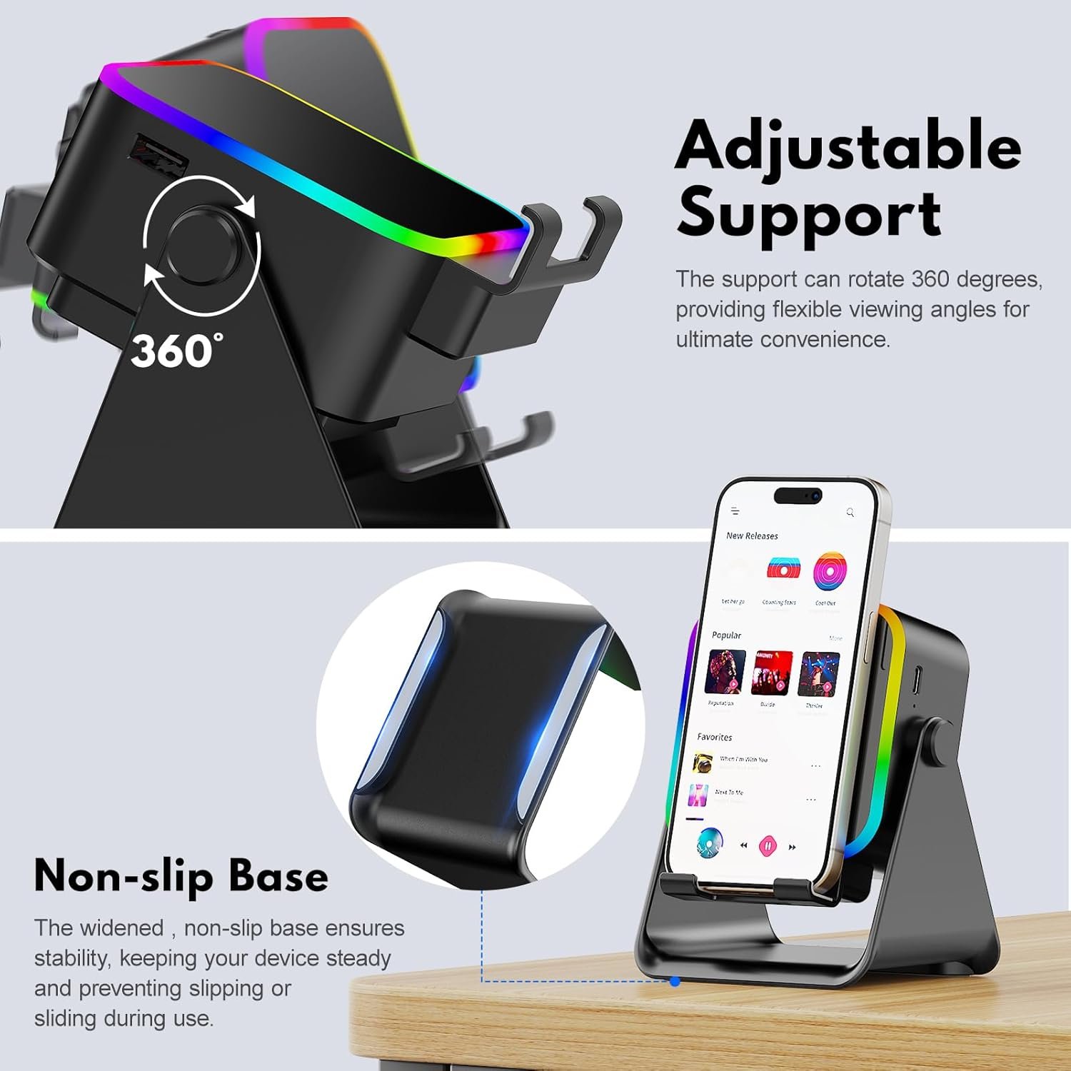 Wireless Induction Portable Bluetooth Speaker - 5 in1 Bluetooth Speaker Phone Stand with Colorful Ambient Light 360° Rotation Compatible with Most Phones - Unique Birthday Gift for Men Women Adults - Image 6