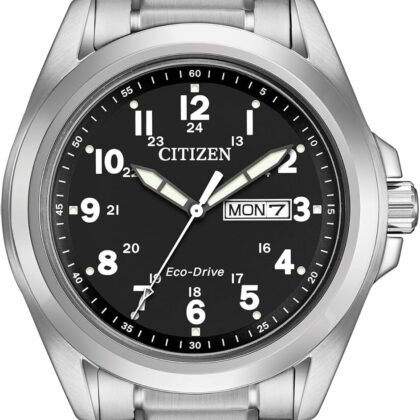 Citizen Men's Eco-Drive Weekender Garrison Field Watch in Stainless Steel, Black Dial, Arabic Markers, Luminous, 43mm (Model: AW0050-82E)