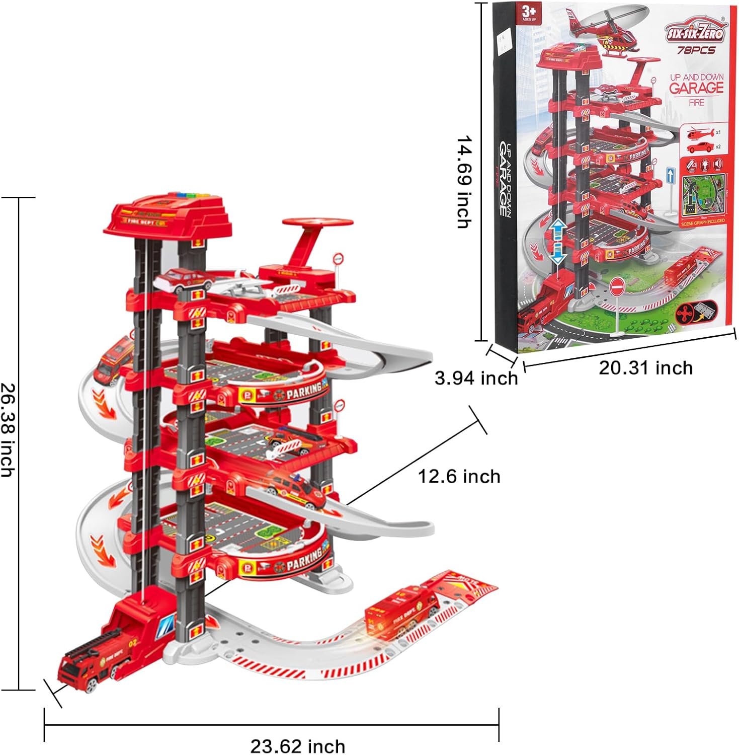 Ultimate Garage Track Set Compatible with Hot Wheels Cars with 2 Toy Cars and 1 Helicopter, with Multi-Level Side-by-Side Racetrack(Firefighting Main Track) - Image 2