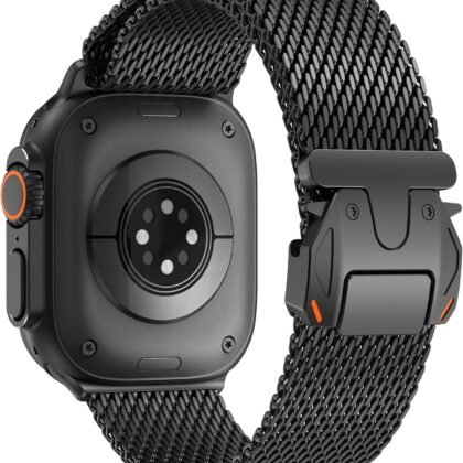 WINGLE Milanese Loop for Apple Watch Band Ultra 3/2/1 Band Ultra 49mm Series 11 10 46mm 45mm 44mm SE 3/2/1 9 8 7 6 5 4 3 Men Women,Parachute-Style Buckle Stainless Steel Mesh Metal iWatch Bands, Black