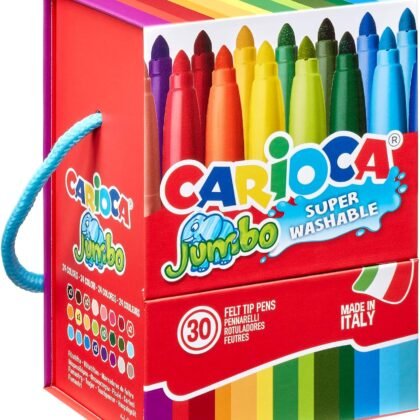 CARIOCA Jumbo Punta Maxi Felt Tip Pens Premium Box with Handle with 30 High Coverage Felt Tip Pens Assorted Colors Tip Diameter 6 mm Pack of 30, ideal for Christmas Gifts, Made in Italy