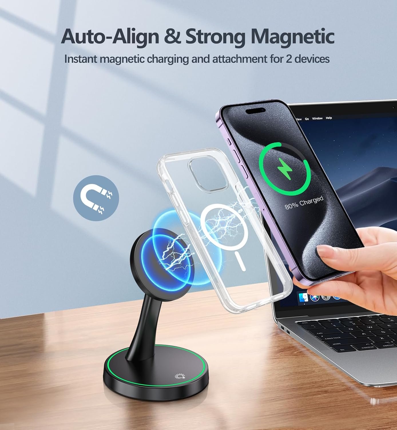 Magnetic Wireless Charger Stand 15W Fast Mag-Safe Charger for iPhone 17/17 pro/ 17 Air/ 17 pro max 16/15/14/13/12 Series Magnet Wireless Charging Station/Pad with Sleep-Friendly Light for AirPods - Image 6