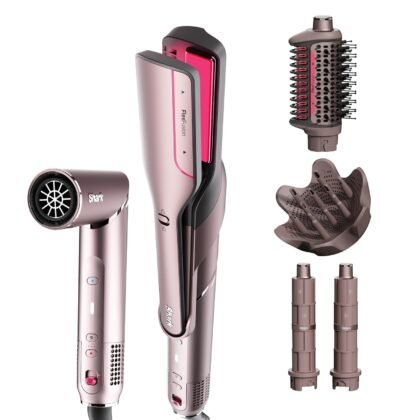Shark FlexFusion Hair Straightener & Powerful Dryer with Diffuser, Fusion Hair Brush, Ceramic Air Styler with Auto-Wrap Curlers, Ceramic Plates, Cosmic Blush HD642S